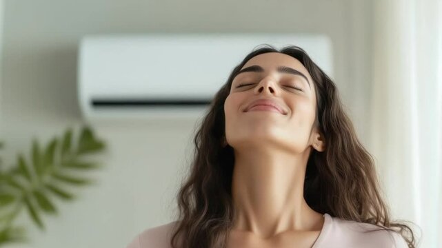 Young Indian woman, smiling and taking deep breath, modern interior and Air conditioner in background, bright natural light coming from windows
