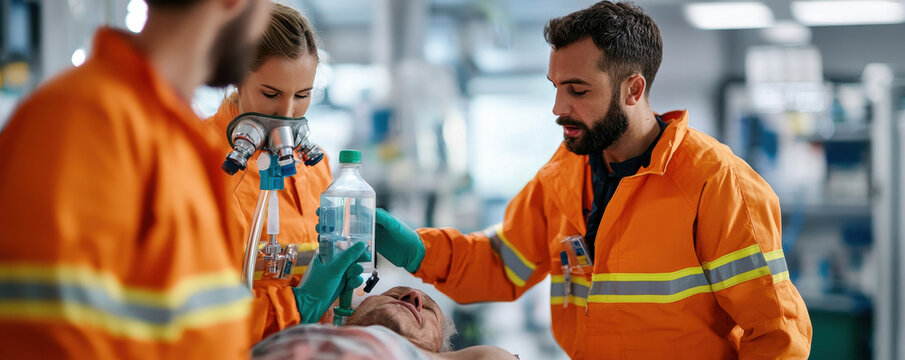 Emergency responders provide care to unconscious patient using oxygen mask and medical equipment