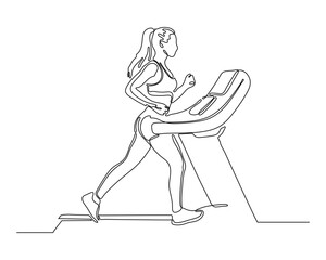Continuous Line Drawing of a Woman Running on Treadmill. Fitness Training, Cardio Exercise, Healthy Lifestyle. Minimalist Black and White Illustration.
