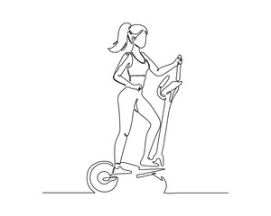 A Minimalist Line Drawing Depicts a Woman Exercising an an Elliptical Machine. The Artwork Is Clean and Emphasizes The Form and Motion of The Figure.