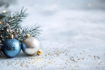 blue christmas background with christmas balls, Silver Christmas with glitter on a tree branch and a blue bokeh background