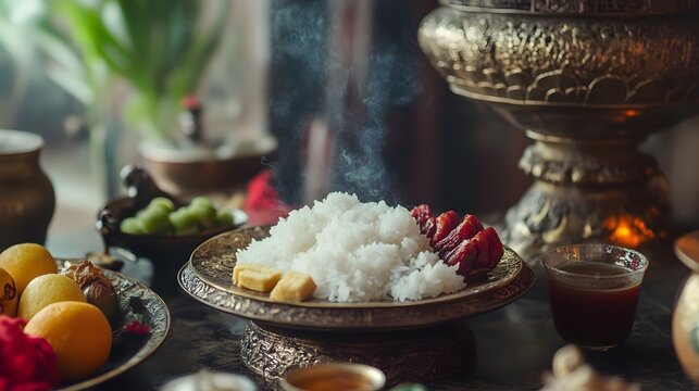 A plate of steaming rice and other foods.