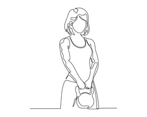 A Minimalist Single Line Drawing of a Woman Holding a Kettlebell. Clean Vector Illustration of Strength and Fitness.