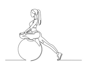 Continuous Line Drawing of a Woman Stretching on a Stability Ball. Minimalist Fitness Concept for Core Balance and Flexibility Training.