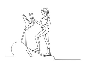 Continuous Line Drawing of a Woman Working Out on an Elliptical Machine. Minimalist Fitness Sketch of Cardio Training in a Gym or Home Environment.