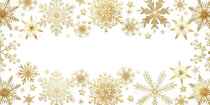 Delicate gold snowflake border on a winter white background with intricate patterns and subtle sparkle
