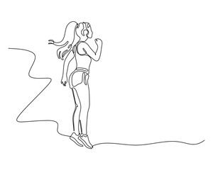 Continuous Line Drawing of a Young Woman Jogging with Earphones. Minimalist Fitness Illustration Representing Healthy Lifestyle, Outdoor Workout, and Running Activity