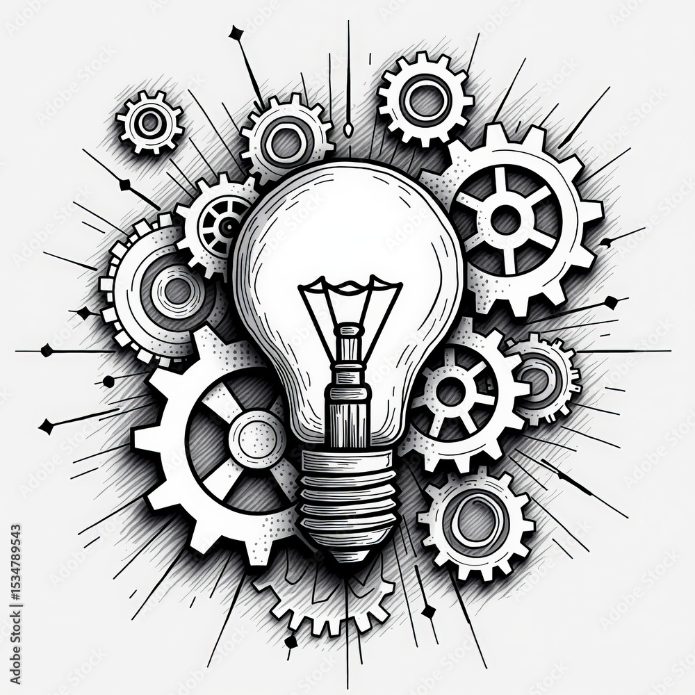 Poster conceptual light bulb with gears and technical elements in design