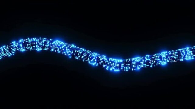 a long digital pipeline shaped by vibrant glowing blue matrix binary code. isolated on black background..