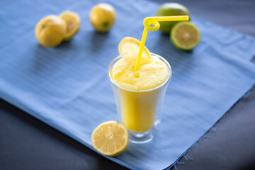 Glass of iced lemon drink, traditional Arabic refreshment.