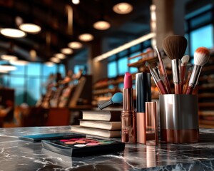 Beauty and makeup display modern store product showcase stylish environment close-up view fashion and self-care concept