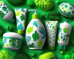 Eco-friendly skincare products studio setting photography green aesthetic top down view natural beauty concept