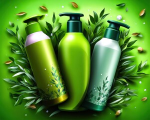 Promoting eco-friendly hair care products green environment digital art natural ingredients close-up view sustainable beauty