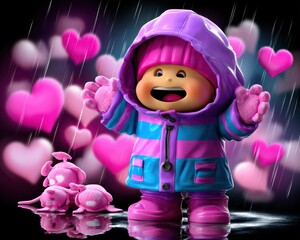 Joyful child in colorful rain gear surrounded by hearts playful scene studio environment cheerful viewpoint
