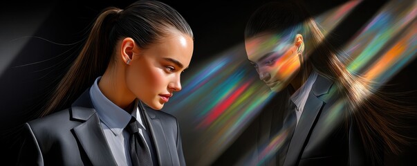 Focused portrait of a businesswoman in a suit studio setting digital art reflective environment side view empowerment concept
