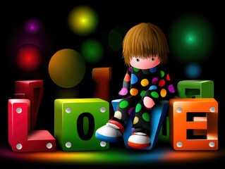 Colorful toy doll representing love in a whimsical setting with bright lights and colors
