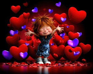 Joyful celebration of love animated child with hearts digital art colorful background cheerful atmosphere