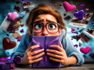 Emotional gift unwrapping moment cozy room digital artwork vibrant colors close-up anticipation and surprise