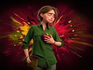 Emotional character holding an apple digital artwork colorful background close-up view expressing heartfelt feelings