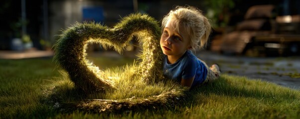 Child embracing nature's heart-shaped grass backyard photography serene environment close-up view connection to nature