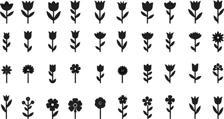 A vector set of floral silhouettes featuring decorative flower, leaf, and butterfly elements perfect for tattoo, pattern, and vintage art designs