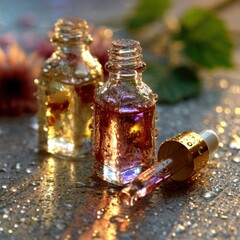 Essential oils in glass bottles natural setting product photography clean environment close-up view aromatherapy concept