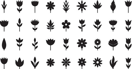 A decorative set of black floral plant silhouettes, perfect for nature-inspired vector patterns or tattoo designs