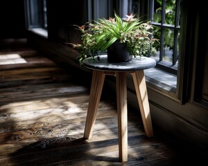 Decorative plant on wooden table by window cozy interior natural light peaceful ambience