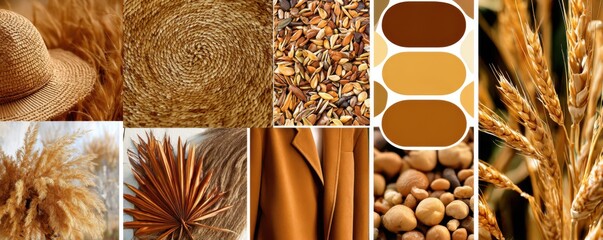 Harvesting golden grains and natural textures agricultural field collage earthy tones aesthetic perspective