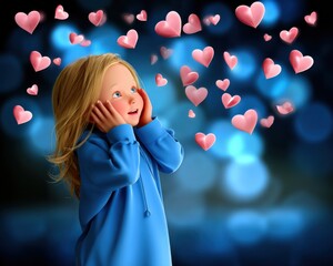 Joyful girl embracing love dreamy background digital artwork heart motif whimsical viewpoint
