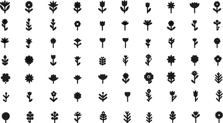 A seamless pattern set of black and white vector icons with floral and animal silhouettes, perfect for nature-inspired design or vintage illustration decoration