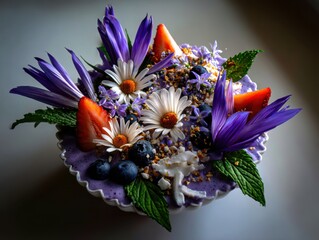 Vibrant edible flower bowl kitchen food photography natural ingredients top-down view culinary art