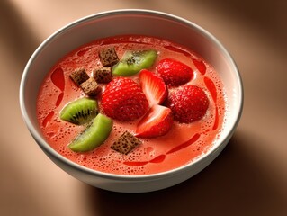 Refreshing strawberry kiwi dessert bowl kitchen food photography cozy atmosphere close-up culinary delight