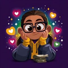 Joyful young girl in glasses animated illustration vibrant background expressing emotions whimsical style