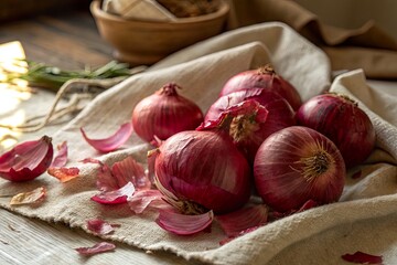 Freshly harvested red onions scattered on a rustic cloth with onion peels and a wooden bowl in the background