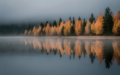 Fototapeta premium Autumn trees reflected in a misty lake on a cold morning