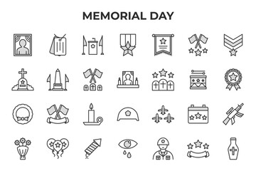 Memorial Day Vector Icon Set - Portrait, flag, podium, medal, banner, stars, chevron, grave, monument, flags, cemetery, tombstone, wreath, candle, helmet, fireworks, rifle, flowers - Editable Line