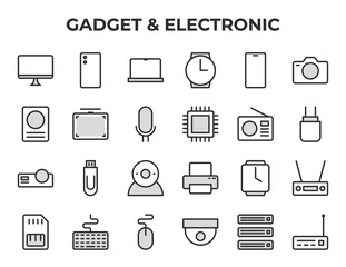 Gadget & Electronic Vector Icon Set - Monitor, smartphone, laptop, smartwatch, camera, speaker, briefcaseradio, microphone, chip, charger, projector, USB, webcam, printer, alarm clock - Editable line