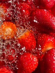 Fresh strawberry slices in sparkling water.