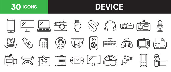 Devices icon set in line style. Collection of gadgets linier icons. including smartphone, laptop, camera, smaartwatch, headphones, radio, microphone, etc. Editable stroke