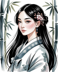Elegant profile of an Asian woman in traditional hanbok with floral hairpin, set against a tranquil watercolor bamboo forest background