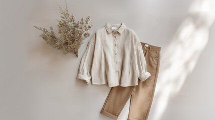 Autumn fashion flat lay featuring oversized white shirt and neutral trousers