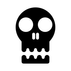 A minimalist black skull icon, The flat design features two large circular eyes and simplified nose and teeth. Suitable for danger symbols, warning signs, or spooky graphic elements.