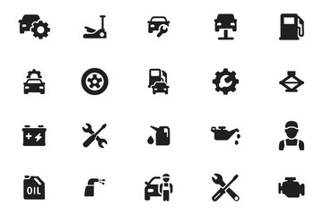 Auto mechanic and car service glyph icon set for garage and maintenance