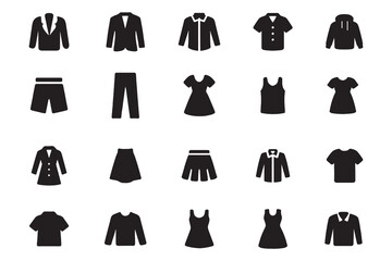 Simple silhouette clothing and apparel icon set for fashion