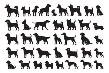 Dog silhouettes vector collection set of various pet animal breeds, canine icons in side profile view
