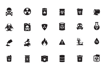 Hazard and warning icon set, collection of toxic, biohazard, and radioactive glyph symbols, simple black vector illustration for safety signs 