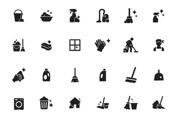 Cleaning icon set, collection of housekeeping and janitorial glyph symbols, simple black vector illustration for domestic chores and hygiene