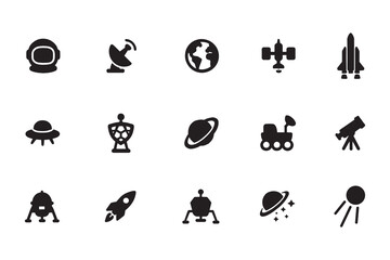 Space and astronomy icon set, collection of exploration and science glyph symbols, simple black vector illustration