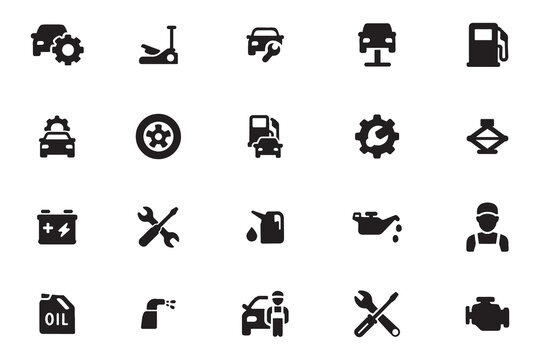 Auto mechanic and car service glyph icon set for garage and maintenance